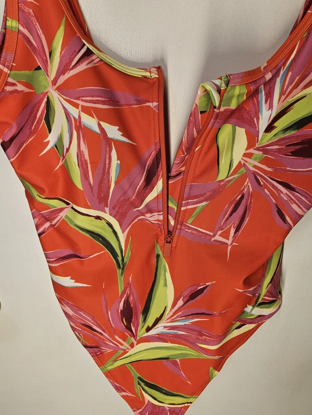 Old Navy Women M Regular Orange Tropical Floral One-Piece Swimsuit Zip Front - Picture 6 of 14